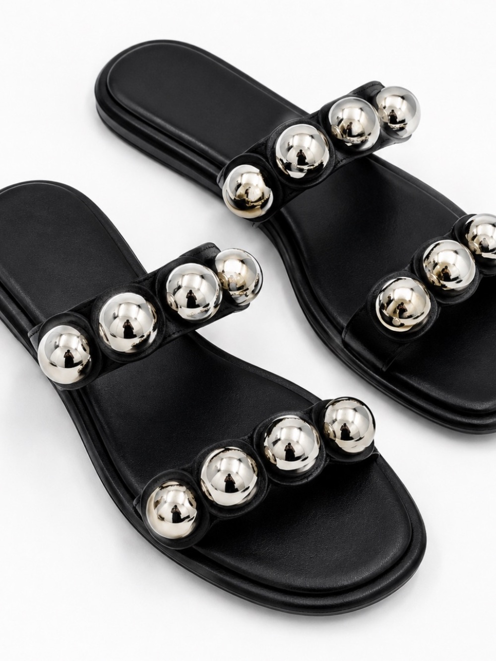 Black Slide Sandals with Silver Orb Studs